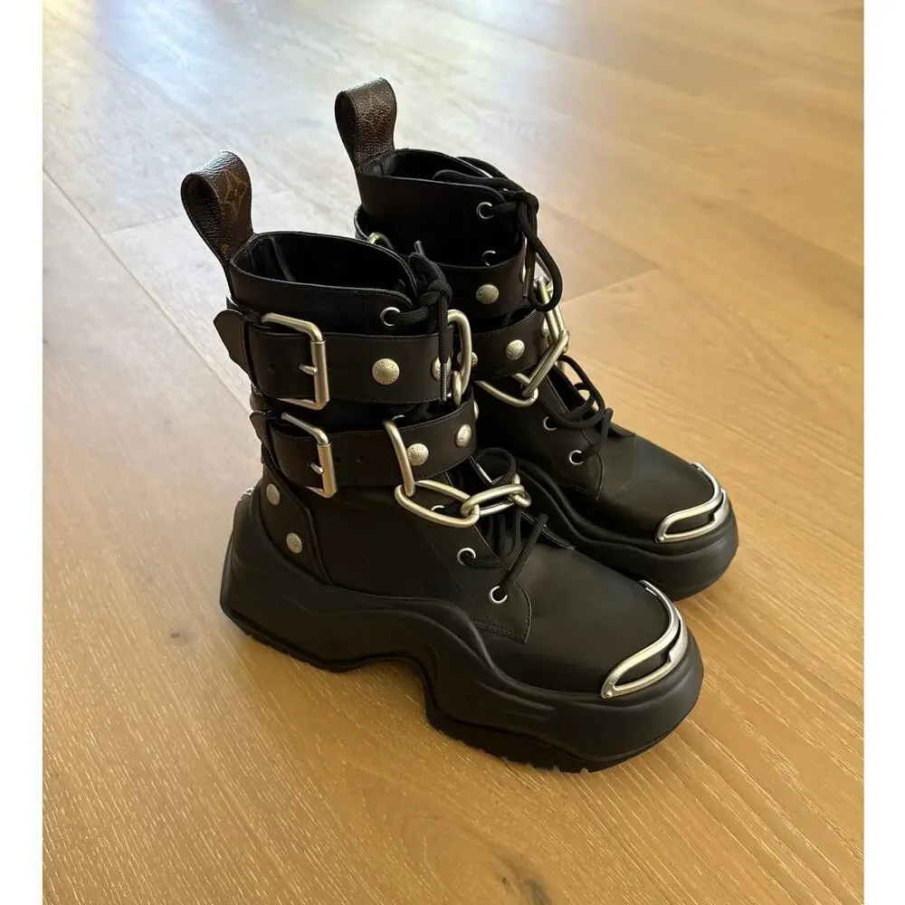 Louis Vuitton Leather Studded Accents Combat Boots w Chains Size 37 Black Silver